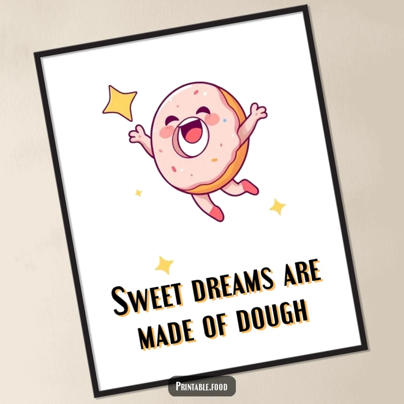 Funny Free Printable Wall Art: A laughing doughnut character leaping joyfully into a starry night sky. Fun, cosmic art.