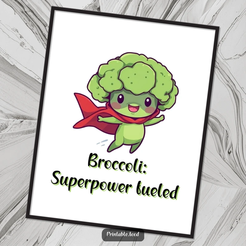 Funny Free Printable Wall Art: A heroic broccoli floret with a flowing cape flying powerfully.