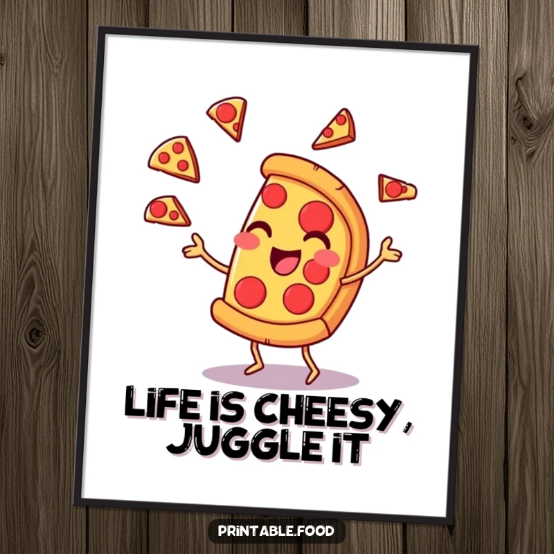 Funny Free Printable Wall Art: Cheerful pizza slice character juggling pepperoni slices with a playful smirk. Quirky food art.