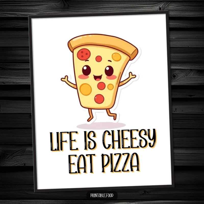 Funny Free Printable Wall Art: A playful pizza slice character is doing a jaunty jig, bringing a slice of fun and humor to any room.