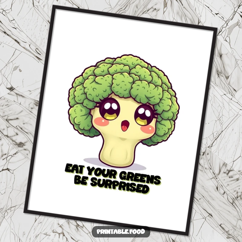 Funny Free Printable Wall Art: A surprised broccoli floret with wide eyes stares, bringing a dose of quirky humor and charm to any wall.