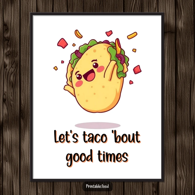 Funny Free Printable Wall Art: A delighted taco character is captured mid-somersault with its toppings flying everywhere.