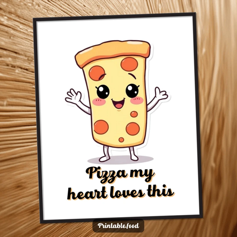 Funny Free Printable Wall Art of a giggling pizza slice character dancing energetically with a playful wave.