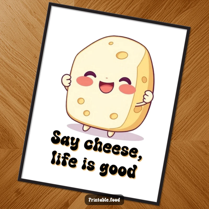 Funny Free Printable Wall Art: Delighted cheese character smiling while being pulled apart, perfect for decor.