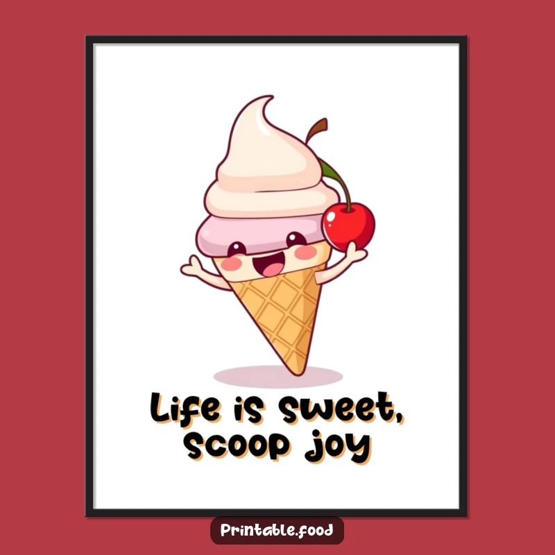 Funny Free Printable Wall Art: Ice Cream Cone Character Bouncing, Downloadable Art
