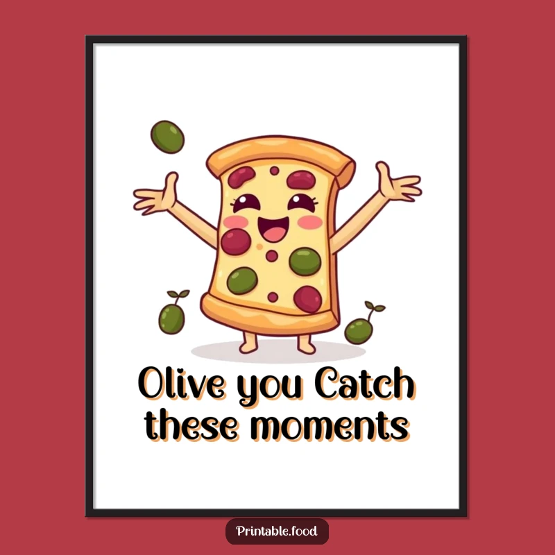 Funny Free Printable Wall Art: Pizza Catches Olives, Cheerful Foodie Downloadable Decor