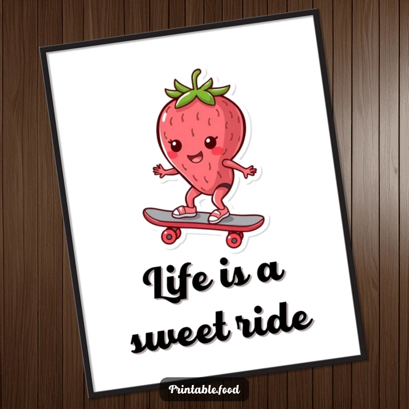 Funny Free Printable Wall Art: a cool strawberry character rides a skateboard with style, bringing humorous, rad vibes.