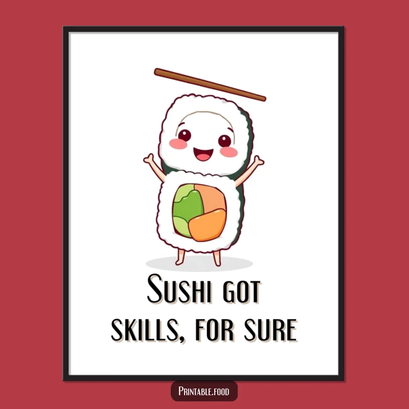 Funny Free Printable Wall Art: Sushi Handstand Acrobat Downloadable Decor Foodie Art