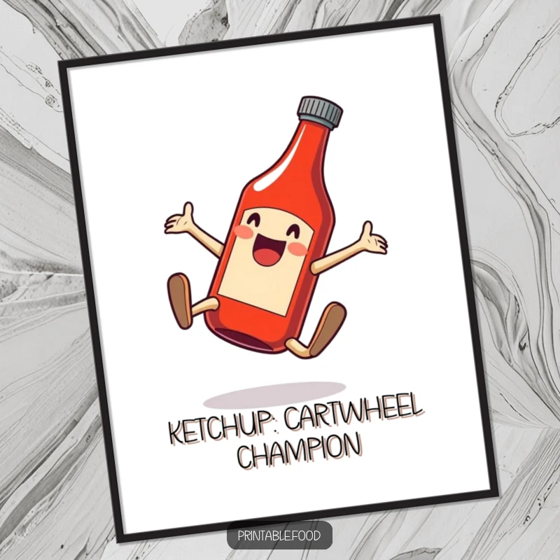 Funny Free Printable Wall Art: A delighted ketchup bottle mid-cartwheel, bursting with joy and color.
