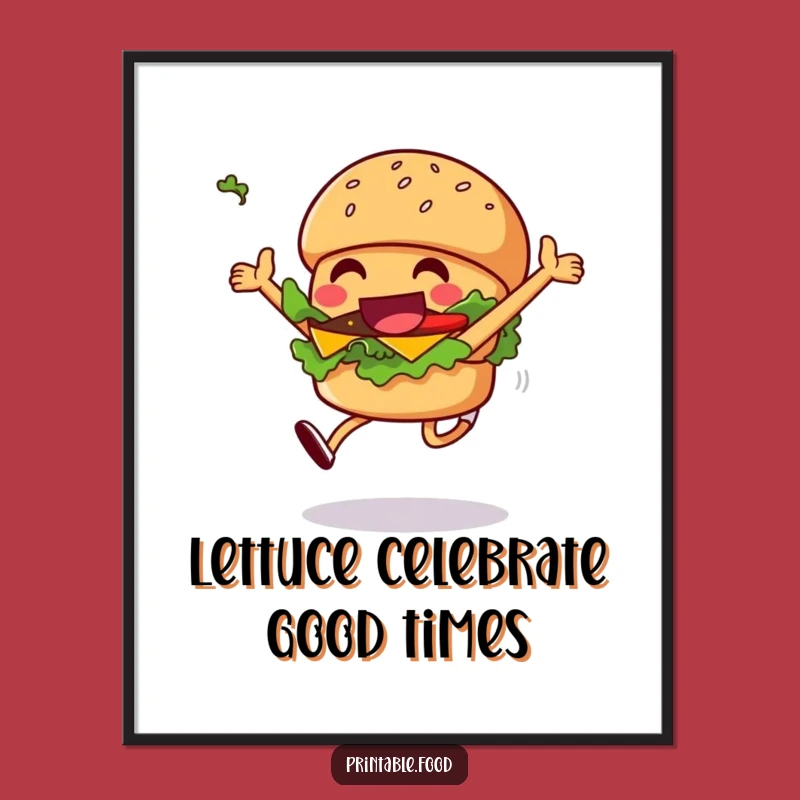 Funny Free Printable Wall Art: Burger Character Leaping with Excitement, Downloadable Art