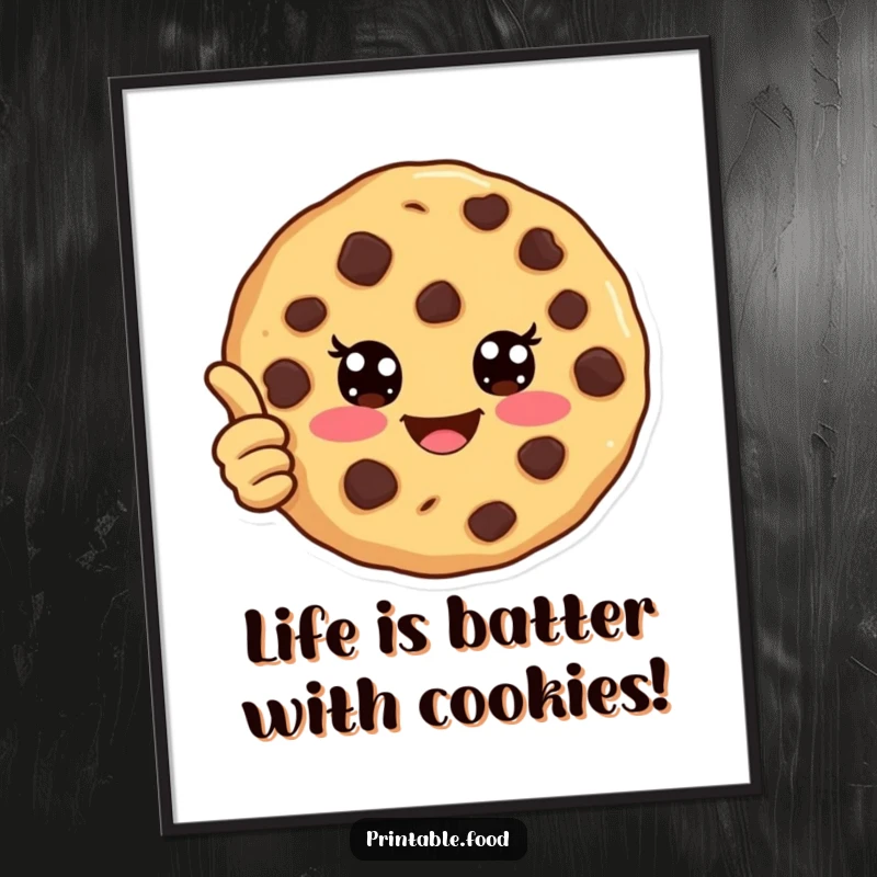 Funny Free Printable Cookie Wall Art: A happy, smiling cookie with chocolate chip eyes giving a thumbs up.