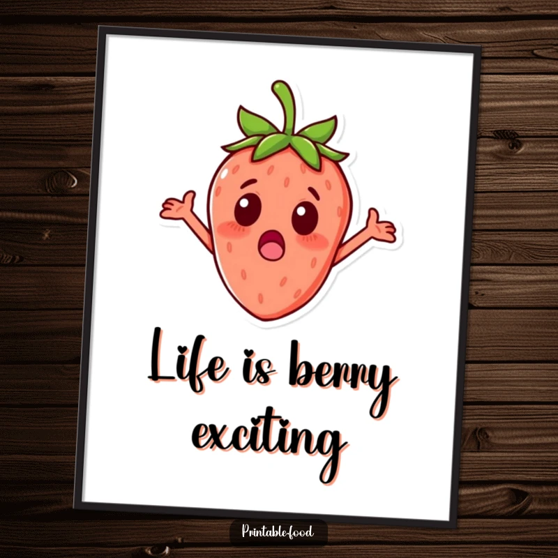 Funny Free Printable Wall Art: A surprised strawberry character with tiny arms outstretched. Whimsical and delightful decor.