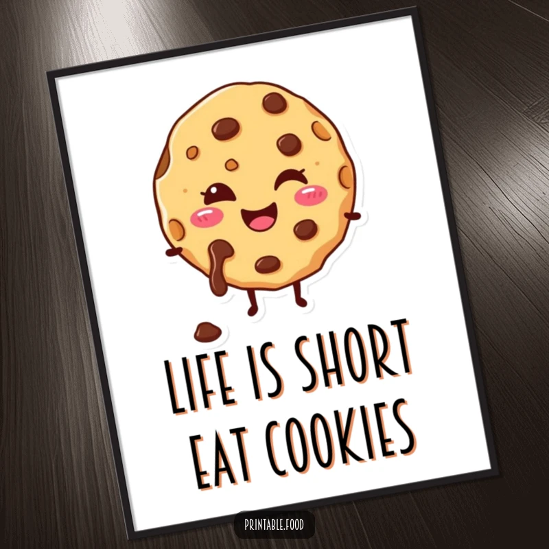 Funny Free Printable Wall Art: A happy cookie character with melting chocolate chips smiles contentedly, bringing warmth and sweet humor to any room.