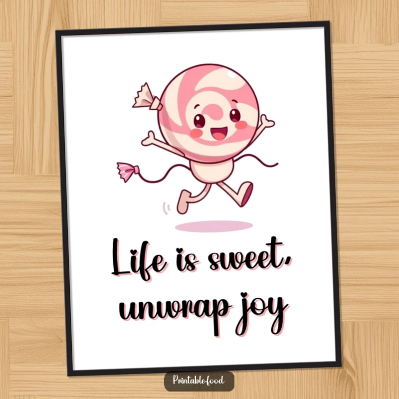 Funny Free Printable Wall Art depicting a happy candy character skipping with joy, surrounded by trailing wrappers.