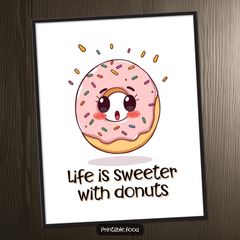 Funny Free Printable Wall Art of a surprised donut character with sprinkles raining down around it.