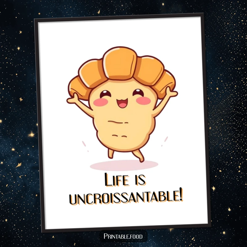 Funny Free Printable Wall Art: A smiling croissant character enthusiastically performing a lively jig, adding a touch of pastry-inspired joy.