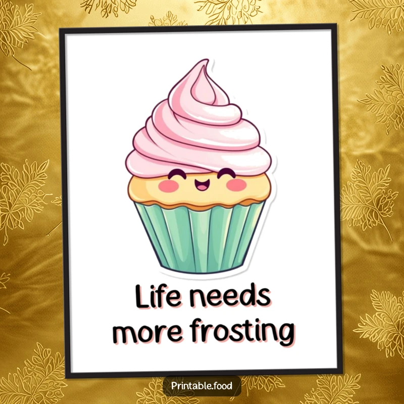 Funny Free Printable Wall Art of a cupcake character with frosting dramatically falling off, a comical expression.