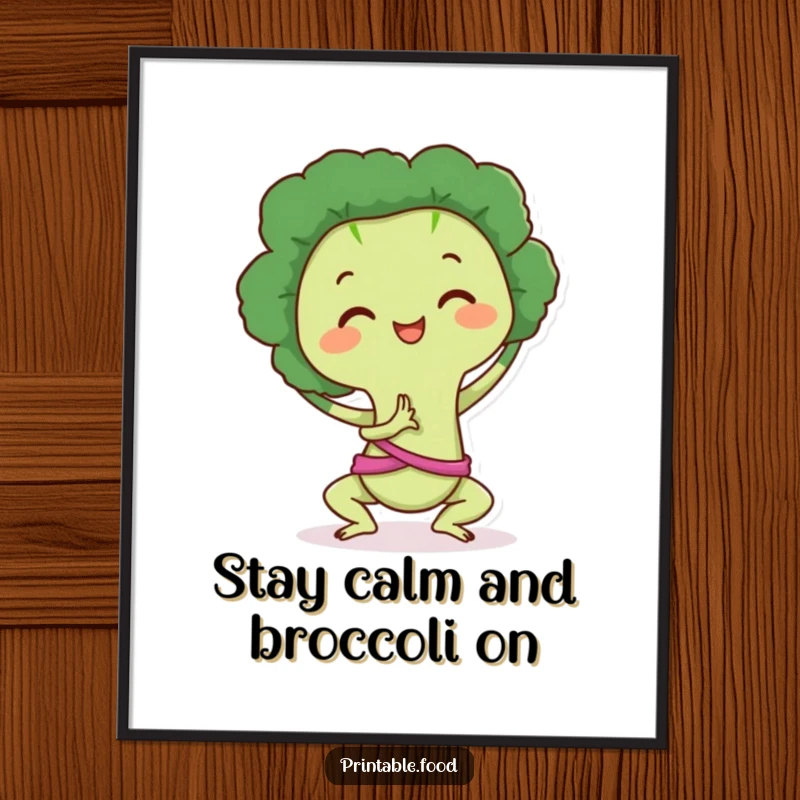 Funny Free Printable Wall Art: a happy broccoli character strikes a perfect yoga pose, radiating peaceful, humorous energy.