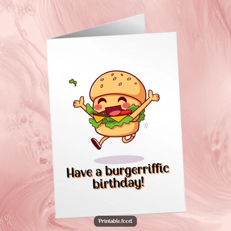 Funny Free Printable Birthday Card featuring a leaping burger character with lettuce flying, radiating pure birthday excitement.
