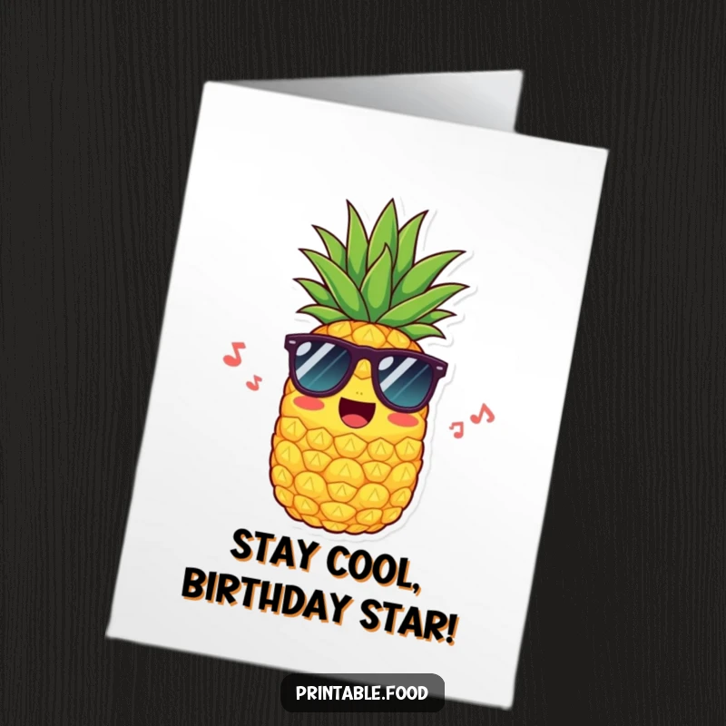 Funny Free Printable Birthday Card: A cool pineapple in sunglasses humming happily, celebrating with tropical flair.