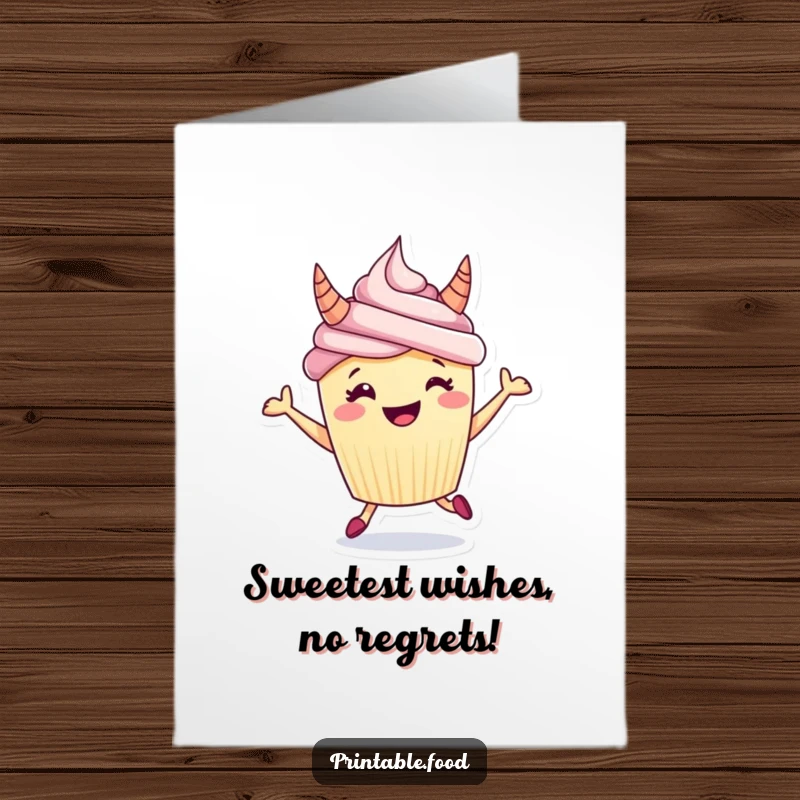 Funny Free Printable Birthday Card: A grinning cupcake with frosting horns joyfully hops, ready to celebrate your special day.