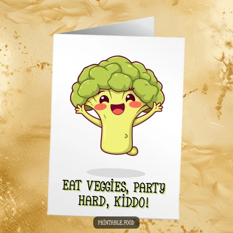 Funny Free Printable Birthday Card: Joyful broccoli floret leaping with excitement, ready to deliver birthday cheer.