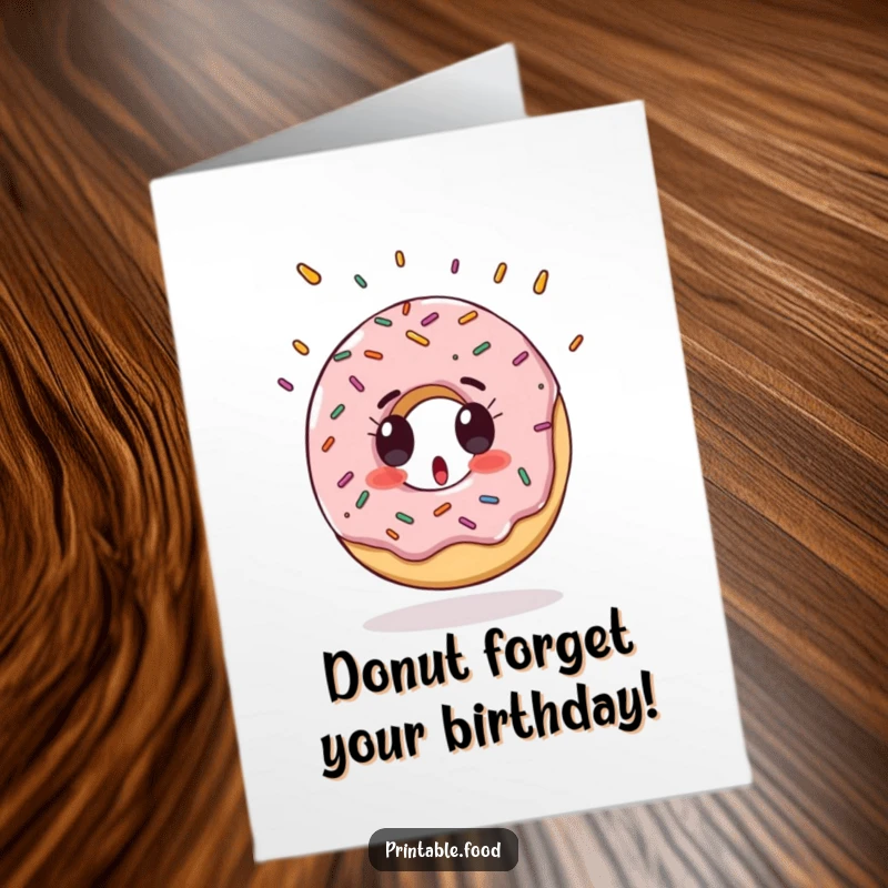 Funny Free Printable Birthday Card featuring a surprised donut character with sprinkles falling like rain.