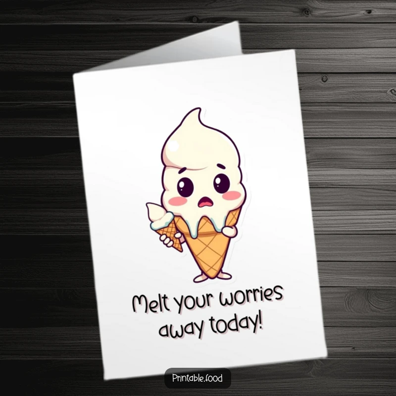 Funny Free Printable Birthday Card: A surprised ice cream cone looks shocked as its cone melts away hilariously.