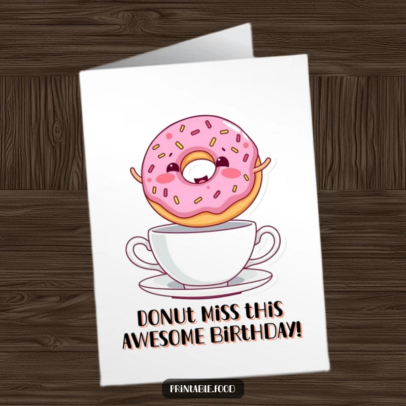 Funny Free Printable Birthday Card: A giggling donut with colorful sprinkles jumps playfully over a delicate teacup.