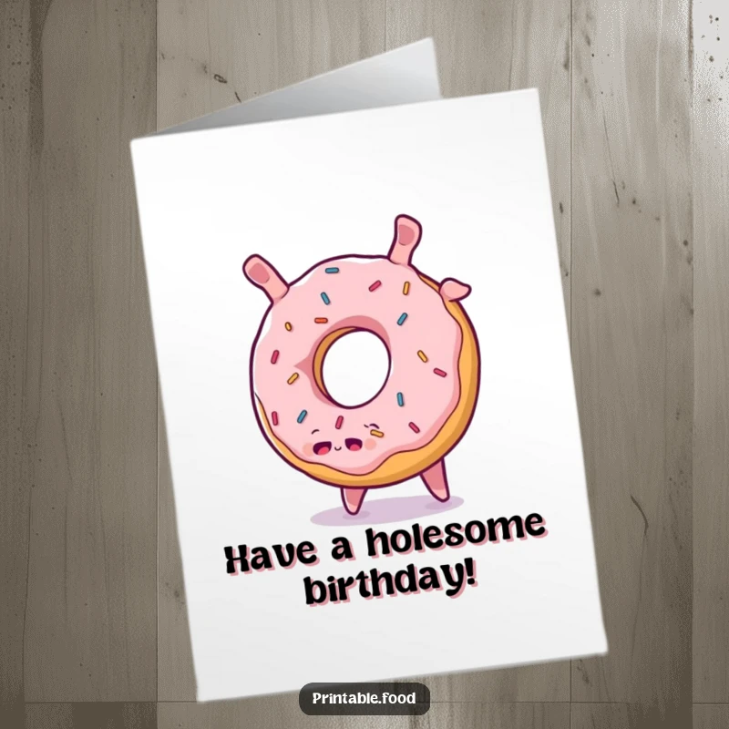 Funny Free Printable Birthday Card: Plump donut character with sprinkles does a cheerful somersault, celebrating joyfully, downloadable gift.