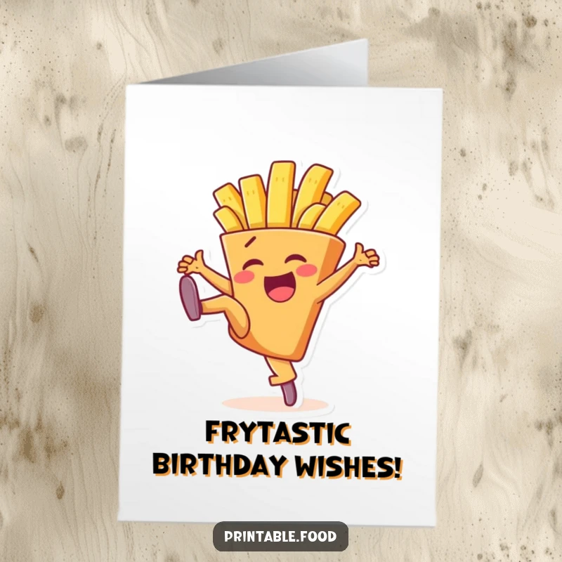 Funny Free Printable Birthday Card: Excited french fry character performing an athletic high kick with joy, ready to celebrate.