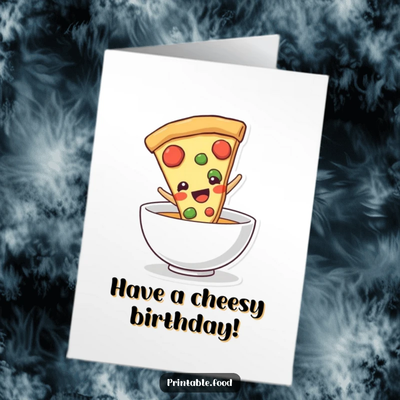 Funny Free Printable Birthday Card: Delighted pizza slice character joyfully sliding into a bowl.
