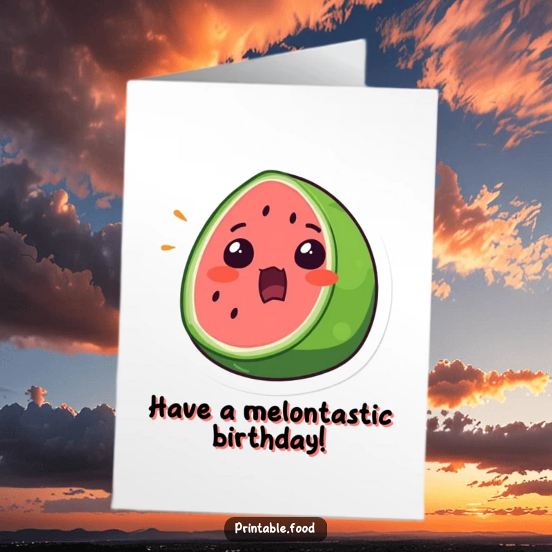 Funny Free Printable Birthday Card: A surprised watermelon slice with a wide-open mouth, exclaiming birthday wishes.