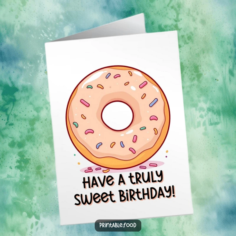 Funny Free Printable Birthday Card: A delighted donut happily spinning with colorful sprinkles, celebrating a birthday.