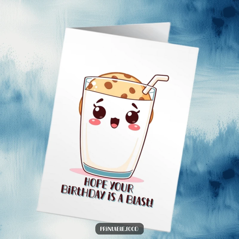 Funny Free Printable Birthday Card: Surprised cookie character peeking shyly from behind a huge glass of milk.