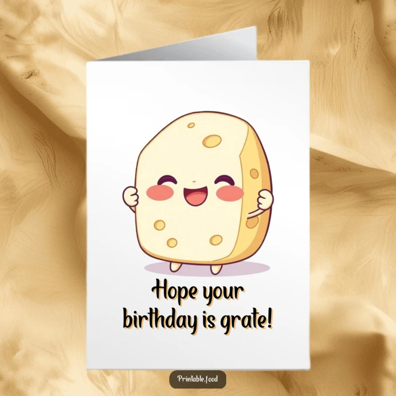 Funny Free Printable Birthday Card: Delighted cheese character being pulled apart with a smile, celebrating birthdays.