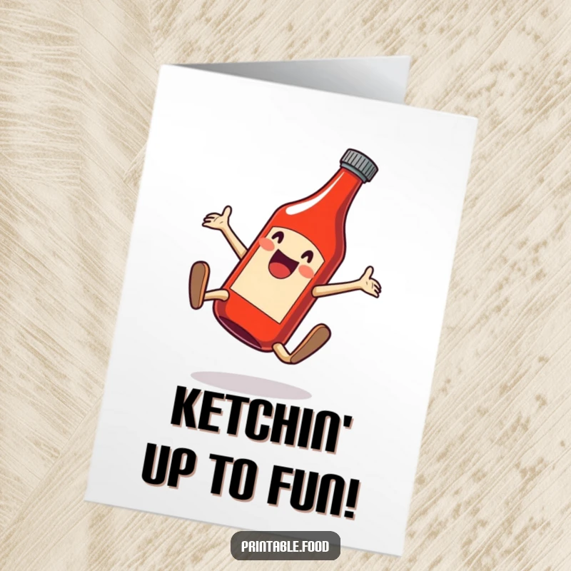 Funny Free Printable Birthday Card: A joyous ketchup bottle doing a spirited cartwheel, celebrating.