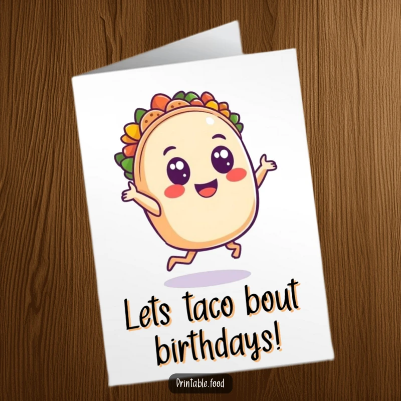 Funny Free Printable Birthday Card: A smiling taco character dancing wildly, celebrating a birthday with joy.