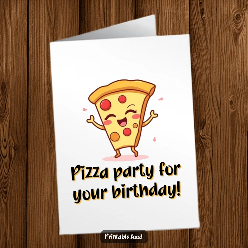 Funny Free Printable Birthday Card: A winking slice of pizza performing an energetic, silly dance, radiating pure birthday joy.