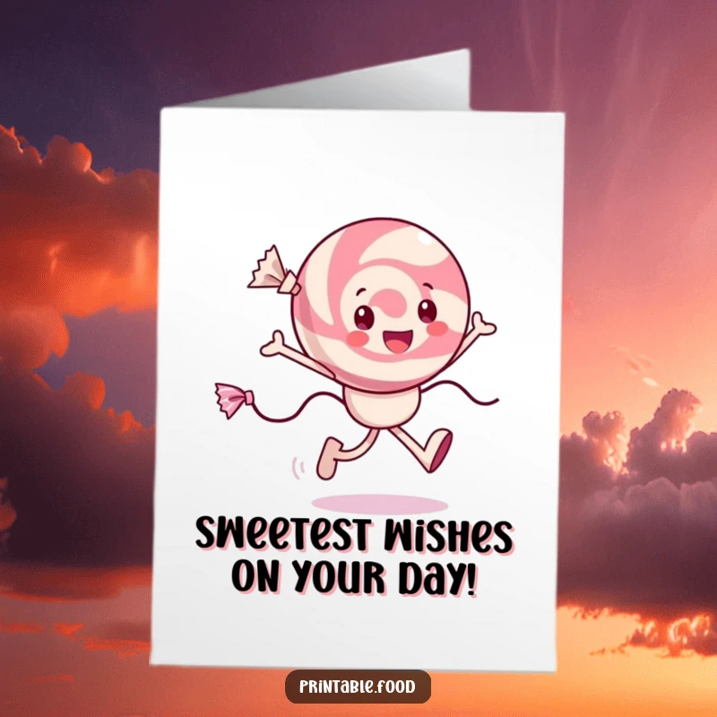 Funny Free Printable Birthday Card featuring a happy candy character skipping joyfully with trailing wrappers, spreading cheer.