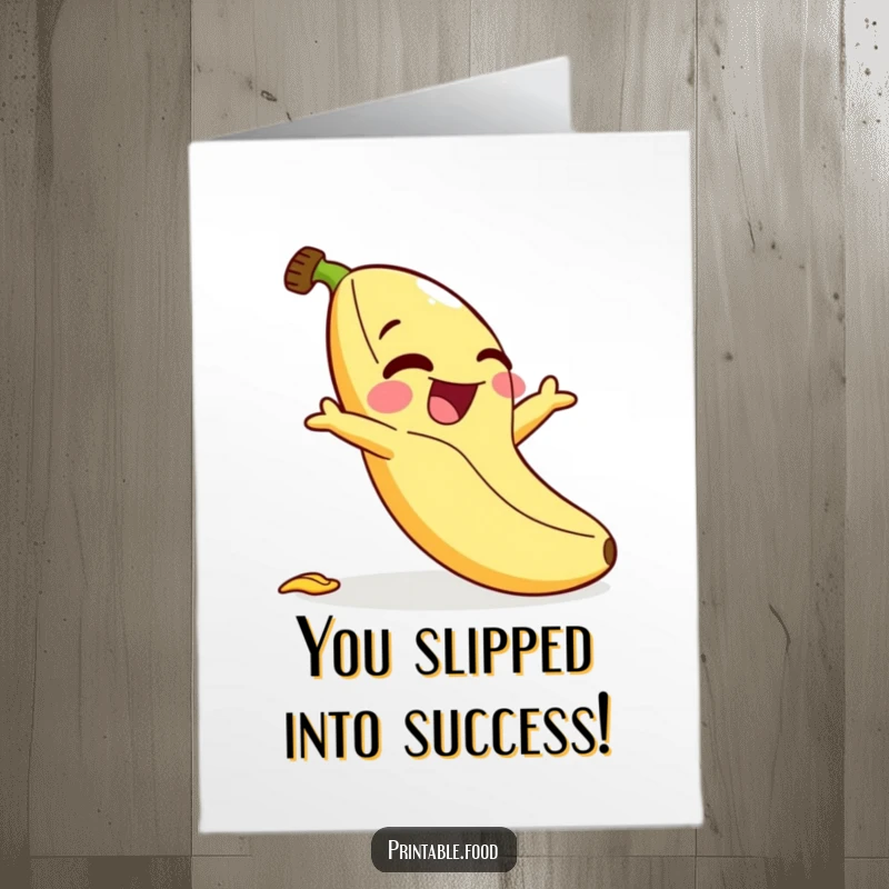 Funny Free Printable Banana Congratulations Card: Giggling banana character takes a tumble with a hilarious laugh, celebrating success.