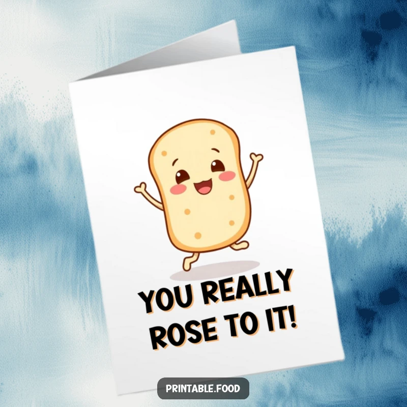 Funny Free Printable Bread Roll Congratulations Card: A smiling bread roll character bounces with pure joy to congratulate someone.