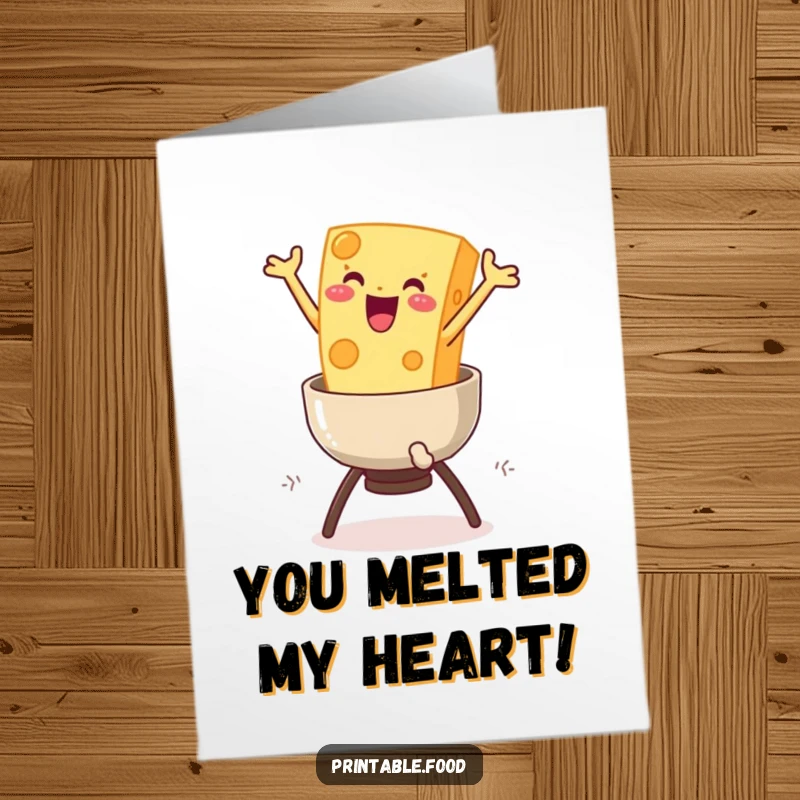 Funny Free Printable Congrats Card: Delighted cheese character joyfully leaps into a fondue pot, celebrating success, DIY gift.