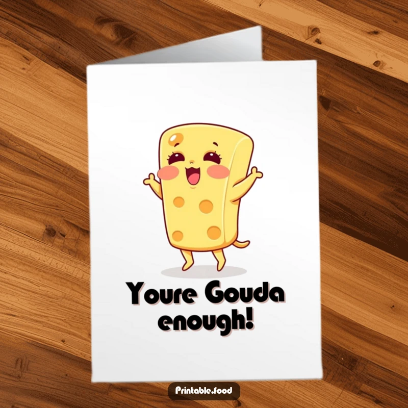 Funny Free Printable Congrats Card: A blushing cheese character doing a funny jig to celebrate your accomplishments. Downloadable.