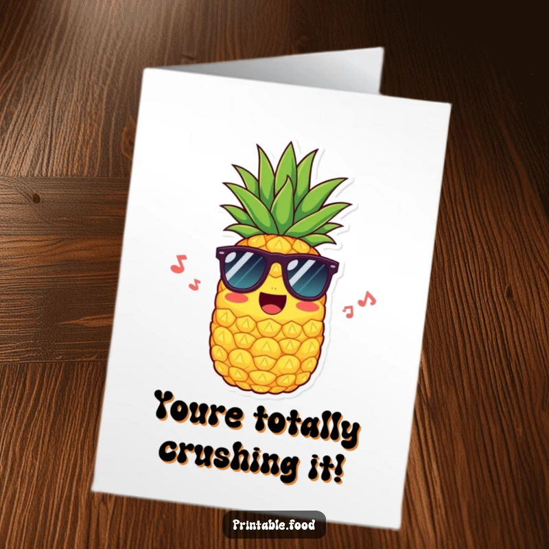Funny Free Printable Congratulations Card: A cheerful pineapple wearing sunglasses, humming a tune of success.