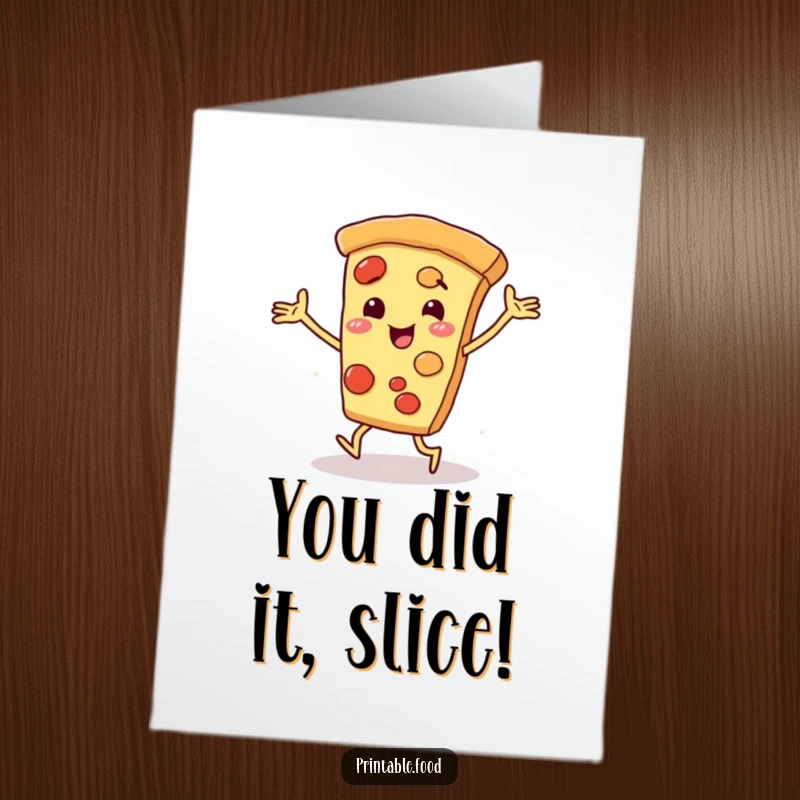 Funny Free Printable Congratulations Card: A smiling pizza slice character with arms and legs dancing to celebrate success.