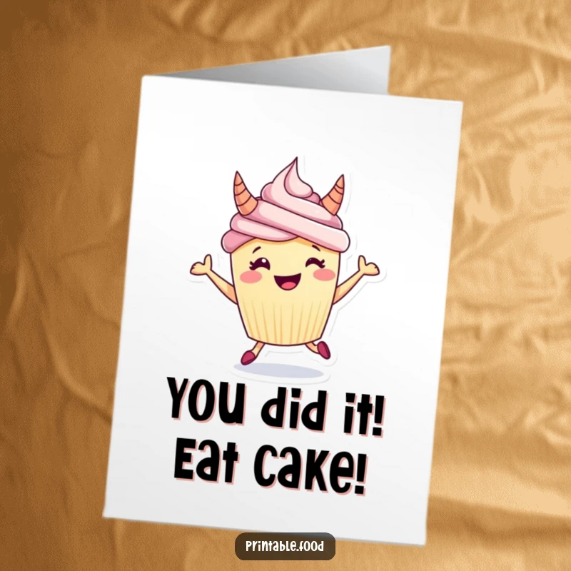 Funny Free Printable Congratulations Card: An excited cupcake with frosting horns enthusiastically hops to celebrate your success.