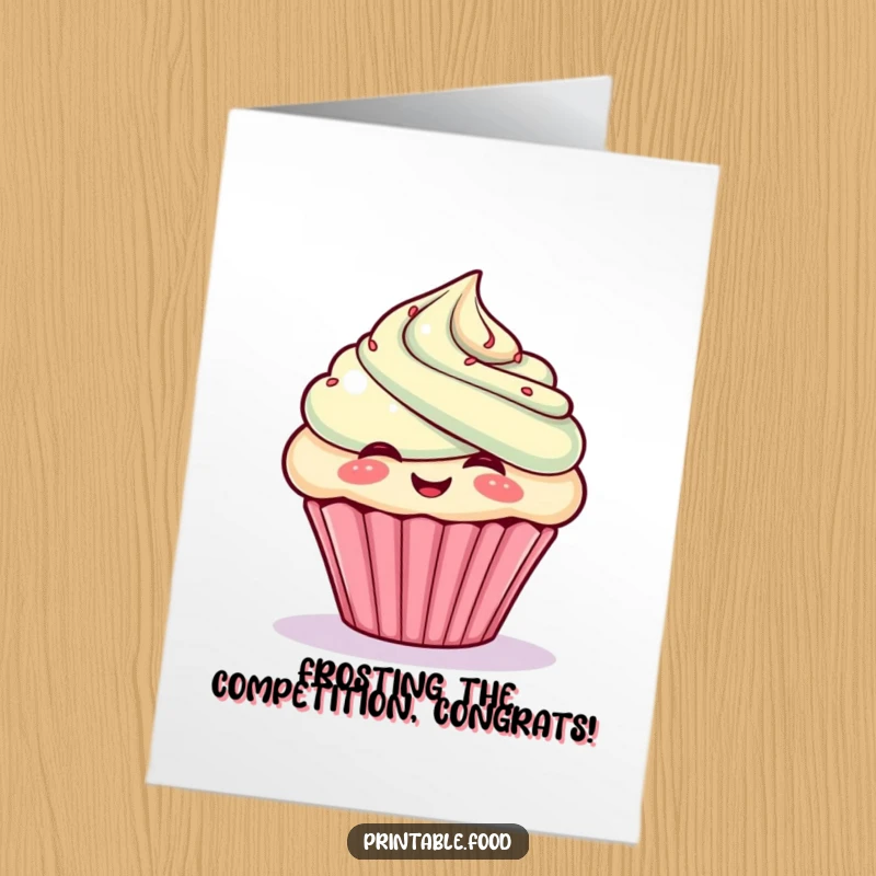 Funny Free Printable Congratulations Card: A giggling cupcake character puffs out its frosting enthusiastically.