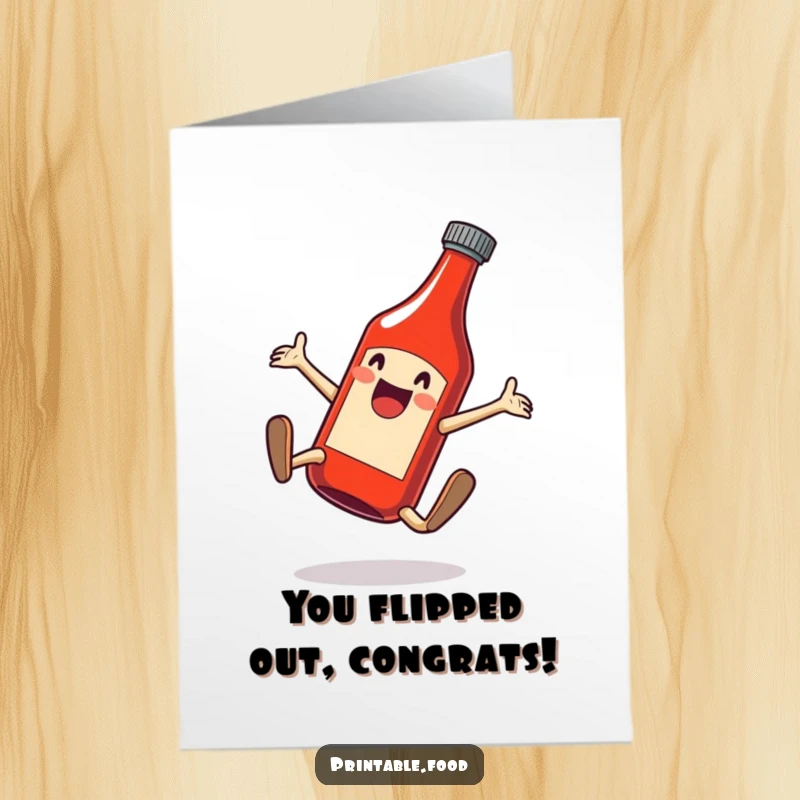 Funny Free Printable Congratulations Card: An excited ketchup bottle performing a gymnastic cartwheel with gusto.