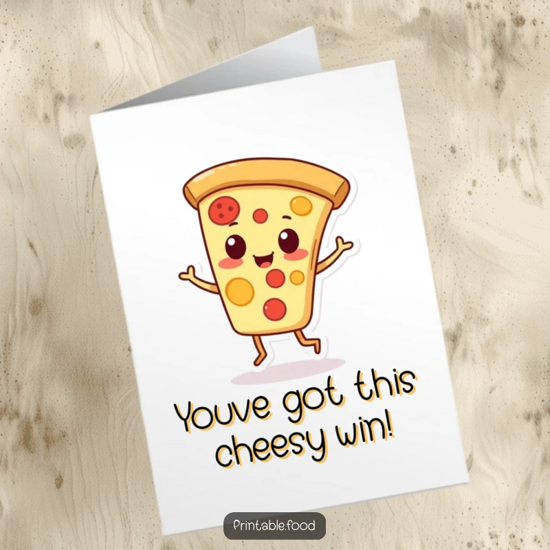 Funny Free Printable Congrats Card: A playful pizza slice character happily does a jaunty jig, celebrating good news with cheesy enthusiasm. A fun card.